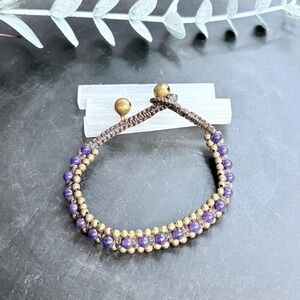 Boho Purple Beaded Bracelet | Brass Bell Beads + Macrame | Toggle | Witchy Charm